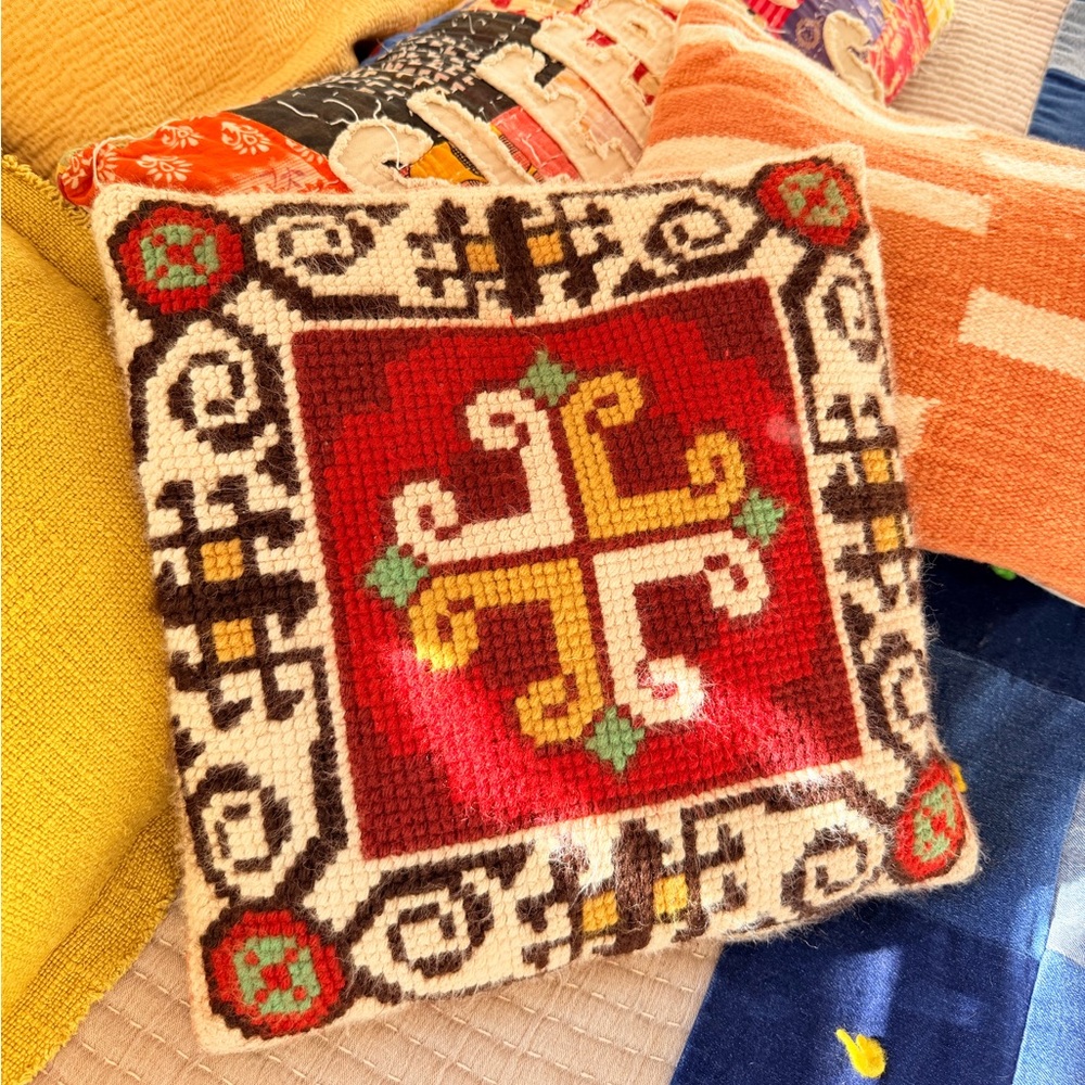 Vintage Hand Embroidered Needlepoint Pillow 15" Boho Folk Art Wool Southwest Red